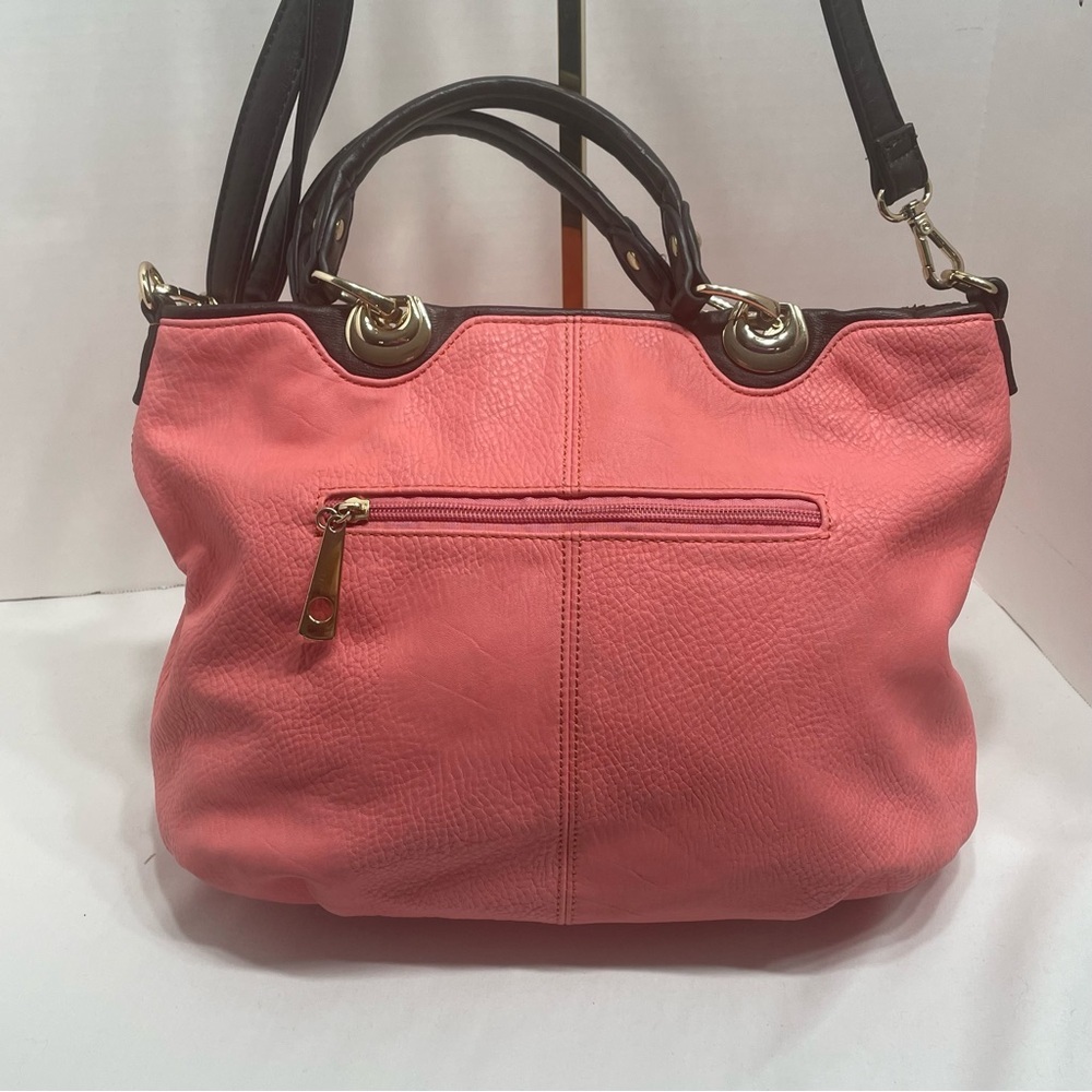 WOMENS TOTE SATCHEL HANDBAG coral FAUX LEATHER DOUBLE STRAPS. Pre-owned. Flaws - Picture 4 of 16